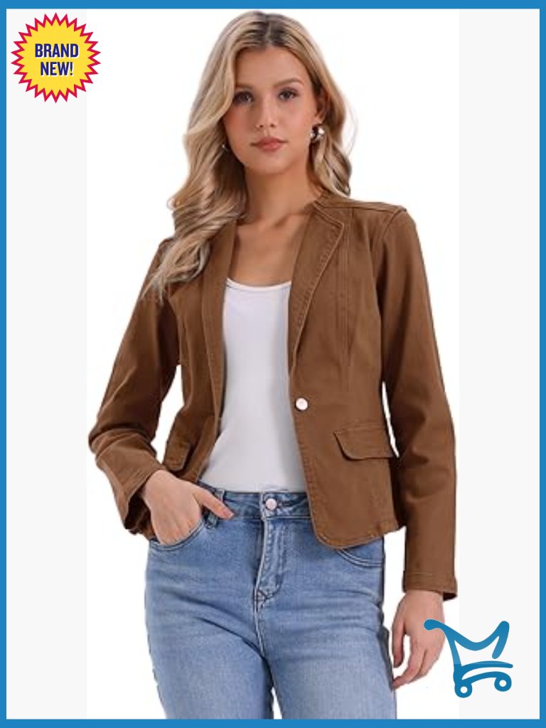 Collarless Cropped Denim Blazer Jacket Lightweight Button Front Women